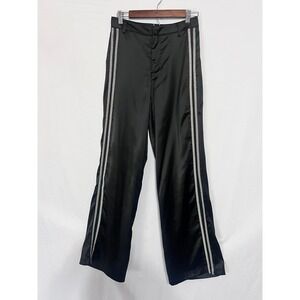 7 For All ManKind Womens Black Satin Wide Leg Pants Silver Beaded Stripe Tuxedo